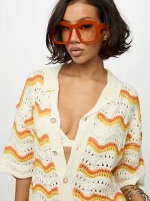 SUMWON WOMEN Wave Pattern Crochet Button Through Cardigan Summer Retro Style Bohemian Knit Sweater With Eyelet Detail Casual Beach Cover Up - Orange - View 5