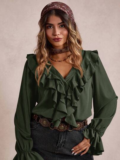 Freevana 大码女式简约纯色荷叶边休闲度假宽松衬衫，春秋季