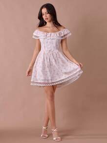 Enchnt Summer Romantic Women's Apricot Floral Hollow Embroidered&Print Lace Off-Shoulder Sleeveless Cute Princess Mini Dress - Multicolor - View 3