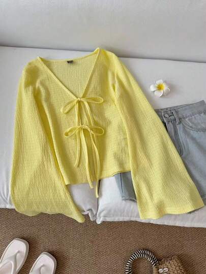 SHEIN LUNE ملابس علوية نسائية صيفية أنيقة باللون الأصفر، كاجوال بياقة على شكل حرف V وربطة أمامية وأكمام واسعة، ملابس علوية فضفاضة بأكمام طويلة بلون موحد مناسبة للغداء، الإجازة، ملابس المنتجع & المدرسة