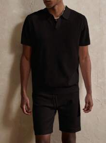 Manfinity Homme Men's Solid Color Polo Collar Short Sleeve Knit Top And Knit Shorts Set, Fall Clothes - Black - View 4