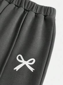 Tween Girls Casual Bow Print Knit Solid Color Loose Dropped Shoulder Long Sleeve Hoody And Wide Leg Sweatpants Set Teen Girls Clothing Sets Teen Sweatsuit Set Girls 2 Piece Outfits Tween Girls Sweatsuit Set Sweat Sets For Tweens Fall Winter - Grey - View 5