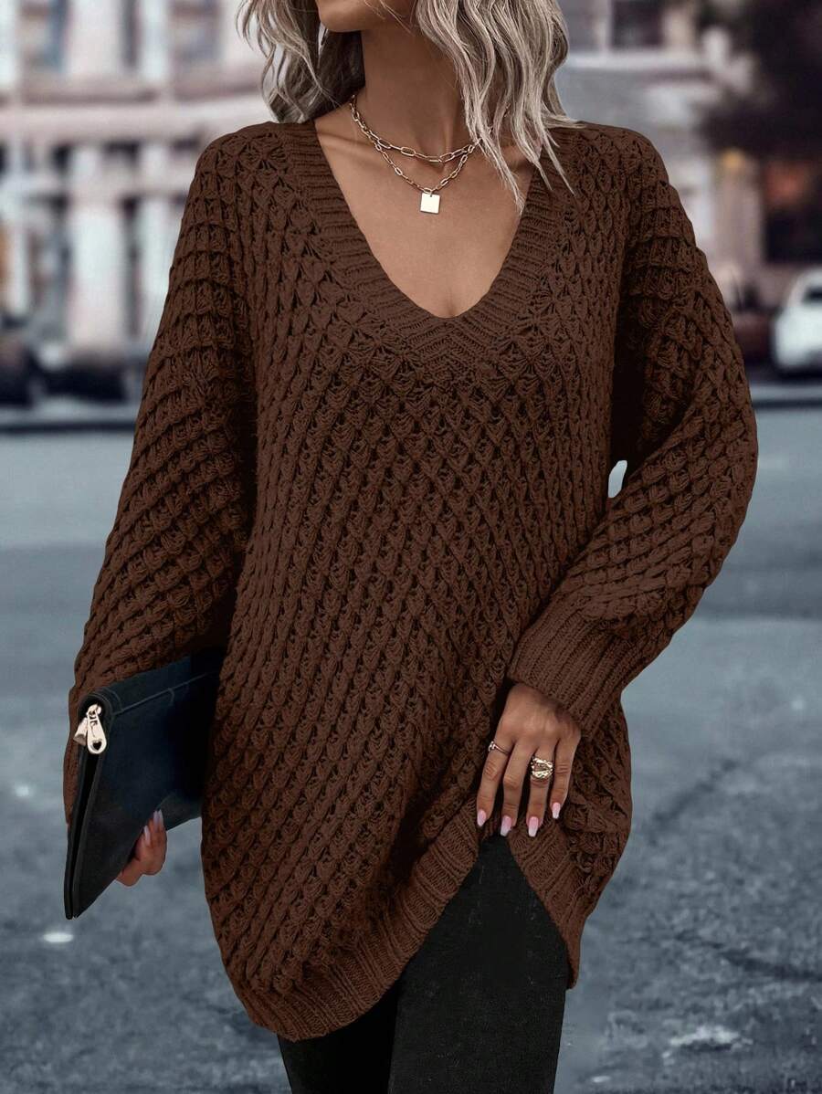 SHEIN LUNE Women's Casual Vacation Plain V-Neck Drop Shoulder Loose Pullover Sweater Knit Pullover Fall Winter - Brown - View 1