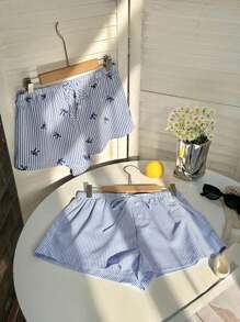 SHEIN Unity 2件套女士抽绳条纹短裤和条纹蝴蝶结短裤，夏季 - 藍色 - 查看 3