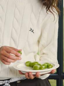 Briarwyn 女士刺绣扭结针织套头毛衣，休闲百搭，长袖，秋季必备，返校季，复古风格，教师适用，羊毛衫 - 米色 - 查看 4