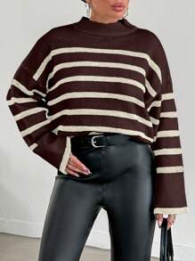 EURMUSE 女士条纹圆领落肩休闲宽松针织毛衣 - 棕色 - 查看 5