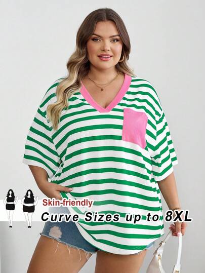 SHEIN CURVE+ Curves Plus Size/Chool Clothes/Back To School Clothes /Back To SchoolLarge Striped Casual Minimalist Plus Size T-Shirt Suitable For Summer, With Pocket Sized Plus Size T-Shirt