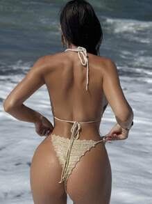 Swim SXY 2pcs/Set Women Hollow Cover-Ups Swimsuit, Sexy Beach Cover Up, Vacation Style For Summer - Apricot - View 2