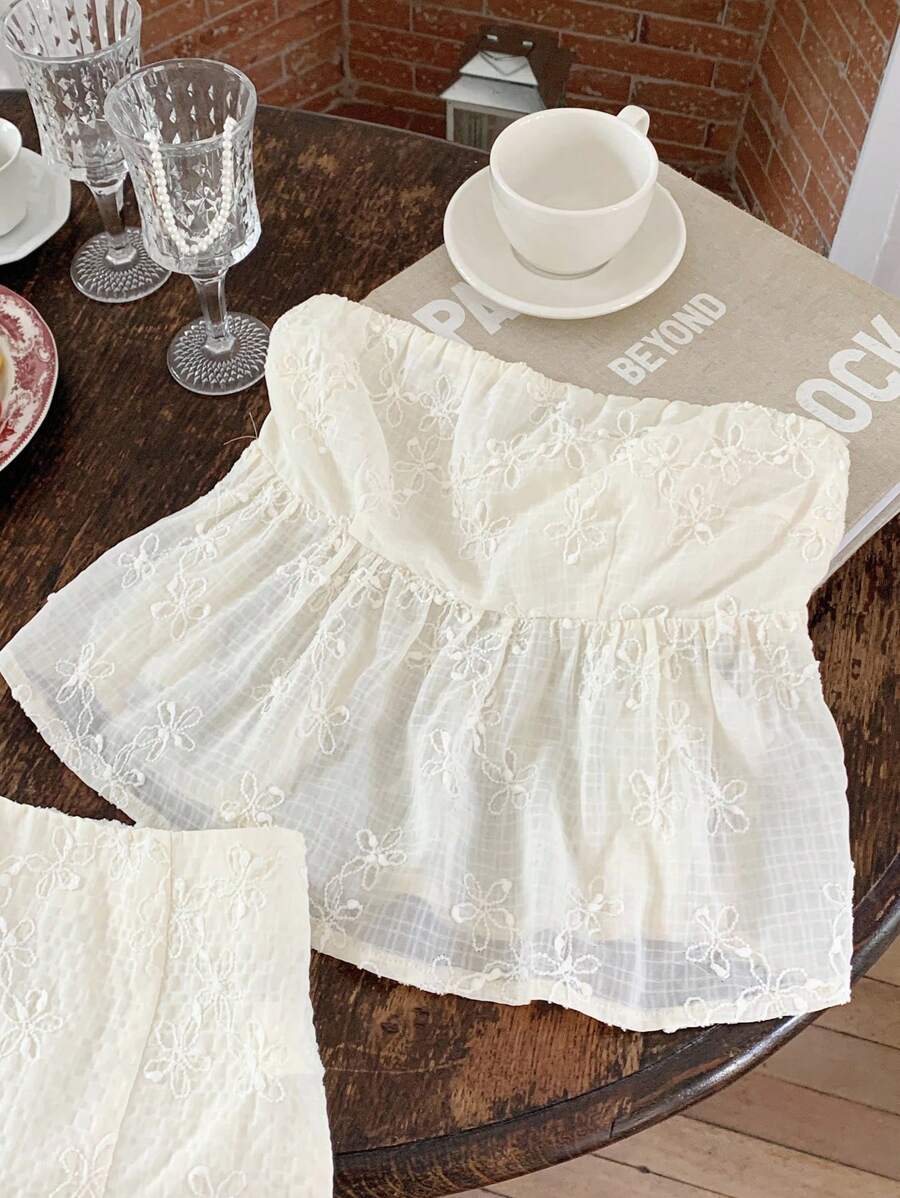 Comfortcana 女士花卉印花荷叶边下摆抹胸度假装 - 米色 - 查看 1