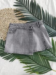 GlowEve 女士休闲性感街头风格交叉腰短款牛仔迷你裙，夏季 - 淺灰色 - 查看 3