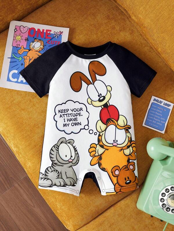 GARFIELD X SHEIN Pelele de manga corta para bebé niño con estampado de dibujos animados lindos y divertidos en bloques de color, para verano