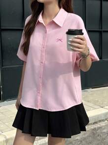 SHEIN قميص مريح بتصميم ياقة مطرزة وعقدة مناسب للمراهقات بقصة واسعة وكاجوال