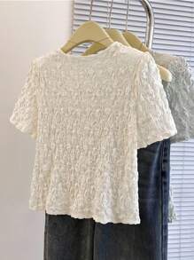 INAWLY Women's Solid Textured Single-Breasted Short Sleeve Fashionable Blouse - Apricot - View 3