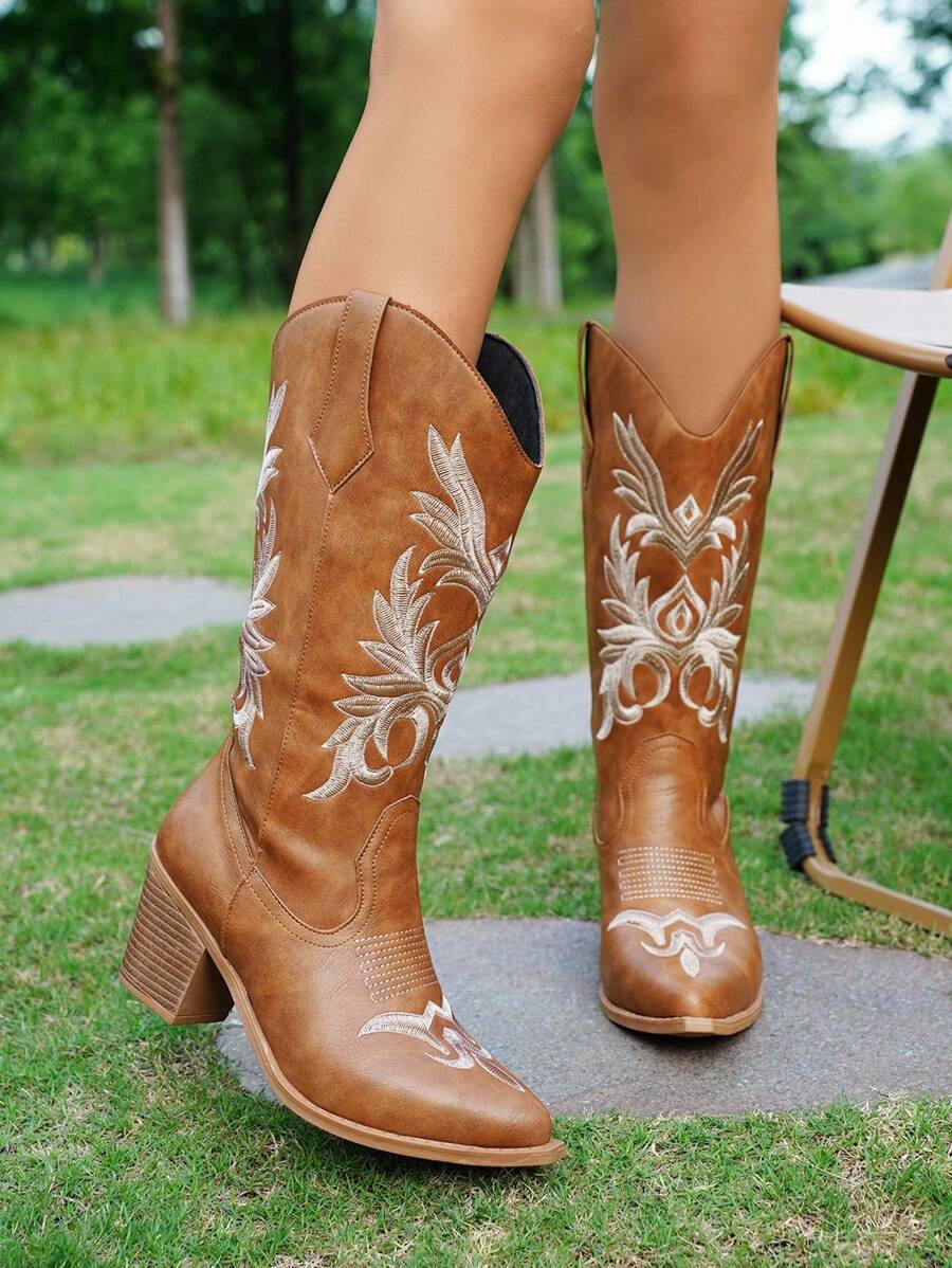 Styleloop New Women Western Boots Classic Fashion Embroidered Chunky Heel Mid-Calf Riding Boots - Brown - View 1