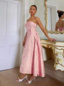 Glamine Charm 优雅复古3D花卉压花无袖喇叭下摆女式连衣裙 - 粉色 - 查看 3