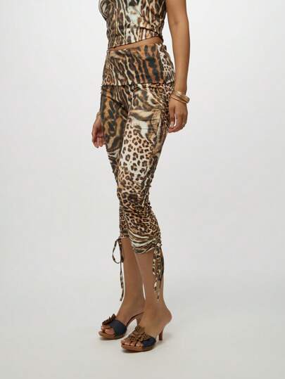 SUMWON WOMEN Mixed Animal Print Foldover Capri Leggings With Ruched Side Detail Adjustable Drawstring Side Gathering Form Fitting Party Club Night Out Fashion Statement Piece Fall Winter Collection