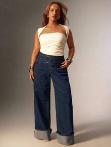 Denimoi Jeans in denim a vita alta con vita arricciata e gamba larga taglie comode