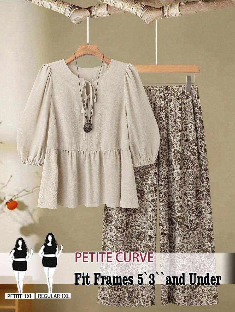 SHEIN PETITE 2pcs/Set Plus Size Women Solid Color Casual Tie-Front Blouse + Printed Wide Leg Pants - Multicolor - View 1