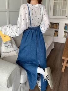 SHEIN 青少年女孩休闲优雅纯色纽扣前牛仔长裙（不含 T 恤），优雅款式，宽松中长款翻领衬衫裙，适合日常旅行、户外、居家、早午餐、茶会、通勤、机场穿着、教师衬衫裙、女孩秋季服装、儿童返校服装、返校节朴素连衣裙