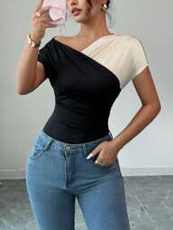 Chiquease Blusa ajustada con pliegues asimétricos de diseño de patchwork, camiseta de mujer