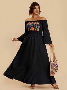 SHEIN VCAY Plus Size Women Floral Print Off-Shoulder Long Sleeve Flare Sleeve Front Split Maxi Dress, Casual/Resort - Black - View 5
