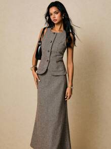 Poéselle 女式复古全印花纽扣前背心和迷你裙套装，夏季 - 棕色 - 查看 6