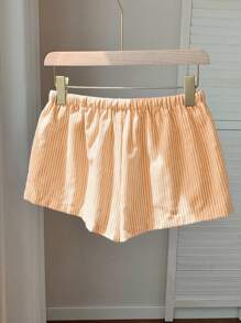 SHEIN EZwear 女士条纹棉麻休闲短裤，夏季 - 黃色 - 查看 2