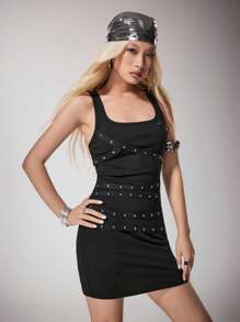 Y2Kool Mystic heart Grunge Punk Women's Sleeveless Sexy Black Tank Mini Dress With Stud Rhinestone Ribbon Detail - Suitable For Beach Graduation Easter Concerts Nashville Music Festivals Summer Black Dress Black Mini Dress Bodycon Dress Racerback Dress Studded Dress Black Club Dress Y2K 2000s Back To School Club Outfits Women Sexy - Black - View 4