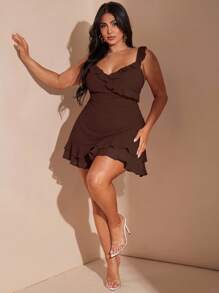 SHEIN BAE Plus Size Women's Elegant Romantic Sexy V-Neck Sweet Cute Versatile Date Red Ruffle Hem Mini Dress, Beach Resort Party Short Dress, Spring/Summer/ Plus Size Brown Dress/ Plus Size Ruffle Dress/ Chocolate Brown Dress