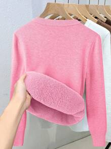 Franclia 女式修身圆领长袖羊毛毛衣针织套头衫秋冬 - 粉色 - 查看 2