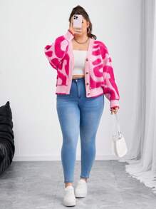 SHEIN CURVE+ Kontrast-Farbige Große Größen Einreiher Sexy Strick Cardigan, Herbst/Winter Große Größen Rosa Cardigan Rosa Cardigan Damen Rosa Pullover Süßer Cardigan Y2k Große Größen Cardigan Herbst Kleidung für Damen, Winter, CURVE PLUS