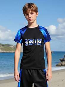 男童印花两件套泳衣套装 - 藍色 - 查看 4