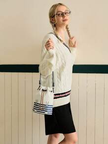 LOONEY TUNES X SHEIN 女士休闲通勤卡通兔子条纹印花索环抽绳单肩包 - 彩色 - 查看 7