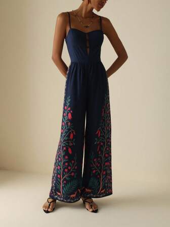 Vesra Women Floral Print Sleeveless Wide Leg Jumpsuit, Navy Blue