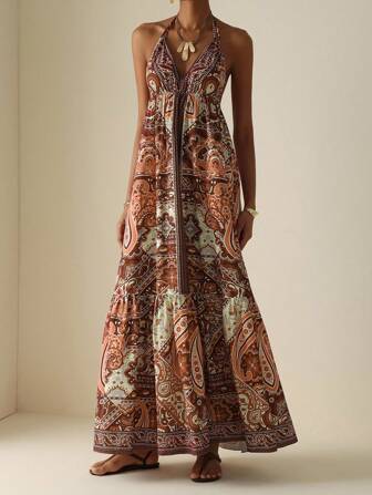 Vesra 女式复古印花露背蛋糕中长连衣裙