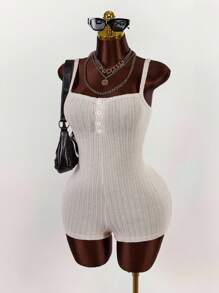 Amplova Plus Size Women Deep V-Neck Button Design Jumpsuit - Apricot - View 2