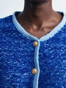 Maija Áo khoác cardigan nữ màu xanh dương phối viền tương phản, kiểu dáng đơn giản, thanh lịch, thoải mái, thích hợp mặc đi làm, tay dài, cài cúc phía trước và có túi, áo len cho nữ công sở, trang phục mùa thu, trang phục Giáng sinh, phong cách thu đông. - Màu xanh lam - Xem 7