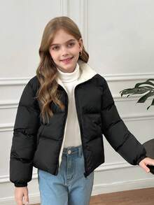 SHEIN 少女简约舒适时尚宽松短款立领羽绒服，拉链设计，简约时尚休闲，加厚设计，适合秋冬季节穿着。 - 黑色 - 查看 9