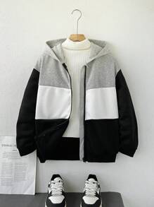 男童休闲学院风拼布撞色连帽夹克，适合日常上学、旅行、运动穿着 - 彩色 - 查看 1