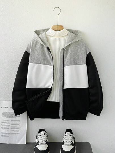 男童休闲学院风拼布撞色连帽夹克，适合日常上学、旅行、运动穿着