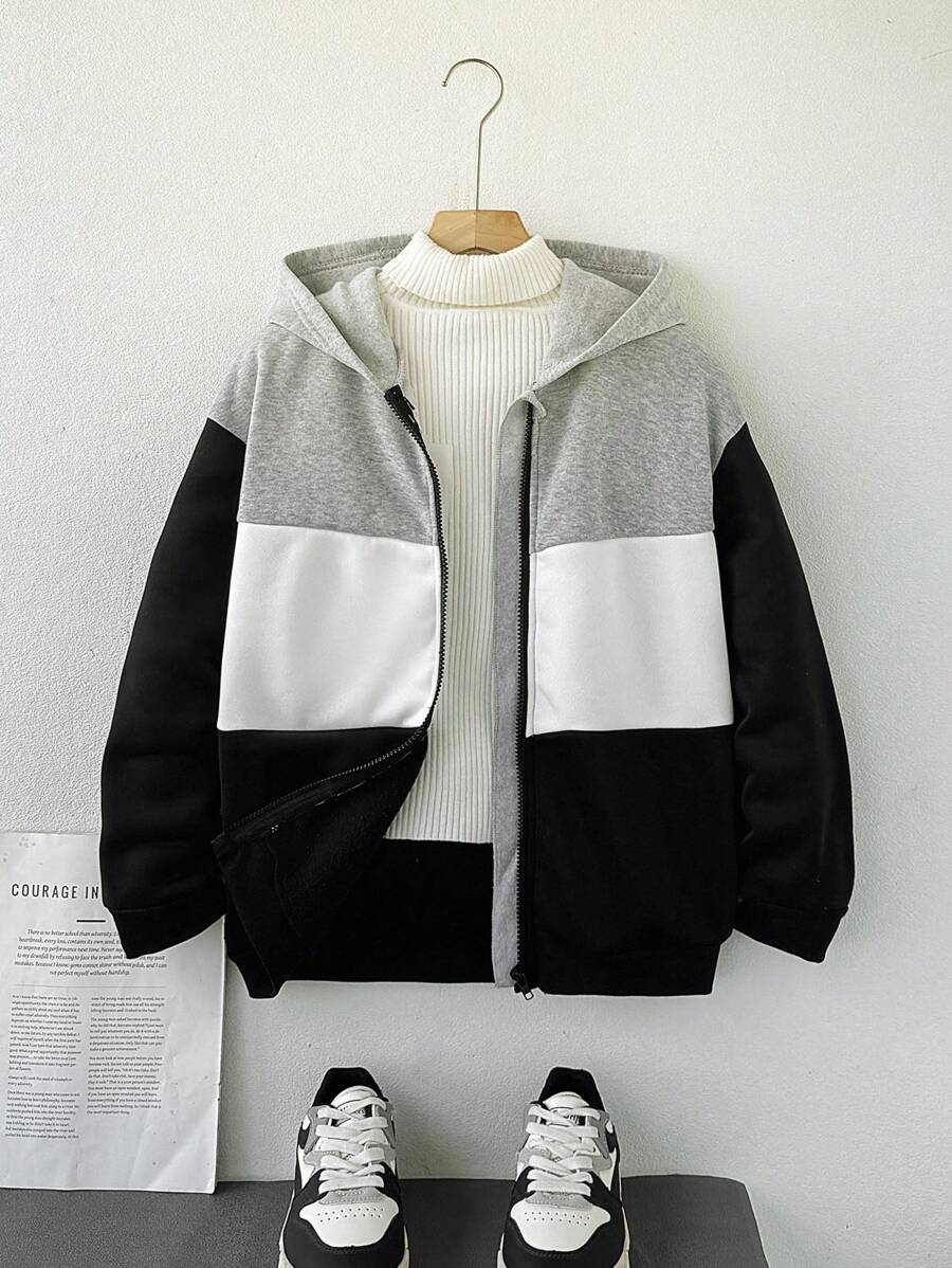 男童休闲学院风拼布撞色连帽夹克，适合日常上学、旅行、运动穿着 - 彩色 - 查看 1