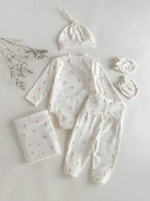 Loomiva 新生男婴/女婴 5 件套碎花针织柔软圆领长袖上衣、松紧腰裤、襁褓毯、帽子和手套 - 杏色 - 查看 2