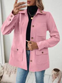 EMERY ROSE Áo khoác nữ tay dài đơn hàng khuy đơn màu có túi rộng rãi - Hồng - Xem 3