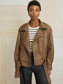 Aveloria Modichic Chaqueta de motociclista de mujer de piel sintética con cremallera metálica desgastada de moda