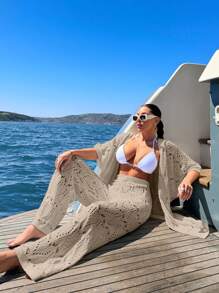EURMUSE Women Vcay Crochet Knit Three-Quarter Sleeve Kimona And Pant Cover-Up Set