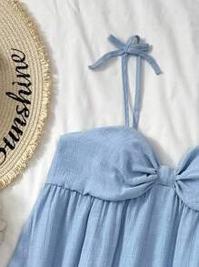 SHEIN Váy dây mảnh màu trơn thường ngày cho bé gái tuổi teen mùa xuân và mùa hè, trang trí nơ, dễ thương/nữ tính - Màu xanh nhạt - Xem 4
