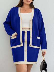 EURMUSE Contrast Trim Drop Shoulder Cardigan & Knit Skirt - Royal Blue - View 3