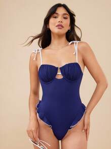 WESTFADE Đồ bơi một mảnh hở lưng hở lưng xếp nếp cổ chữ V hở chân cao dây đeo nơ có gọng nâng ngực đồ bơi một mảnh đi biển mùa hè Monokini Colorblock Outift - Màu xanh hải quân - Xem 1