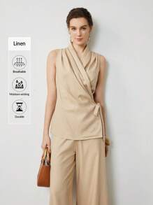 Uhlyne 2pcs/Set Women Casual Commute Linen Cowl Neck Wrap Top And Linen Pants Suit,Autumn,Minimalist,Business Casual,Holiday Outfits,Work Wear,Teacher Outfits,Back To School,Fall,Old Money Style - Khaki - View 3