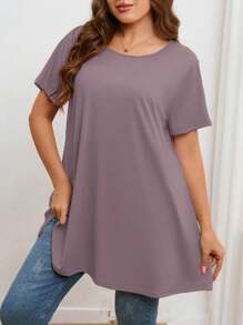 SHEIN Privé Talla grande Sencillo y elegante unicolor Vestido tipo línea A de media longitud Talla grande Camiseta de manga corta, verano - Morado - Ver 3
